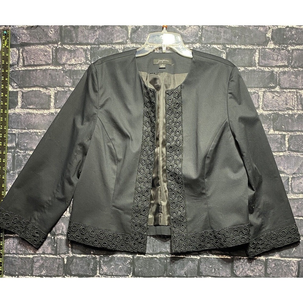 Josephine Jacket Womens 14 Black Open Front Embroidered Lace Trim Cotton Blouse